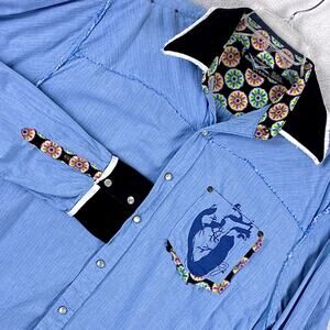 Fender Custom Shop by Da Vinci Shirt Mens XL Blue Patchwork Trim Distressed Rock